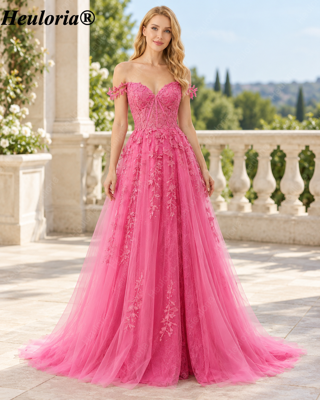 HEULORIA Navy Blue Lace Appliqué Tulle A-Line Prom Dress with Sweetheart Corset – ED-336