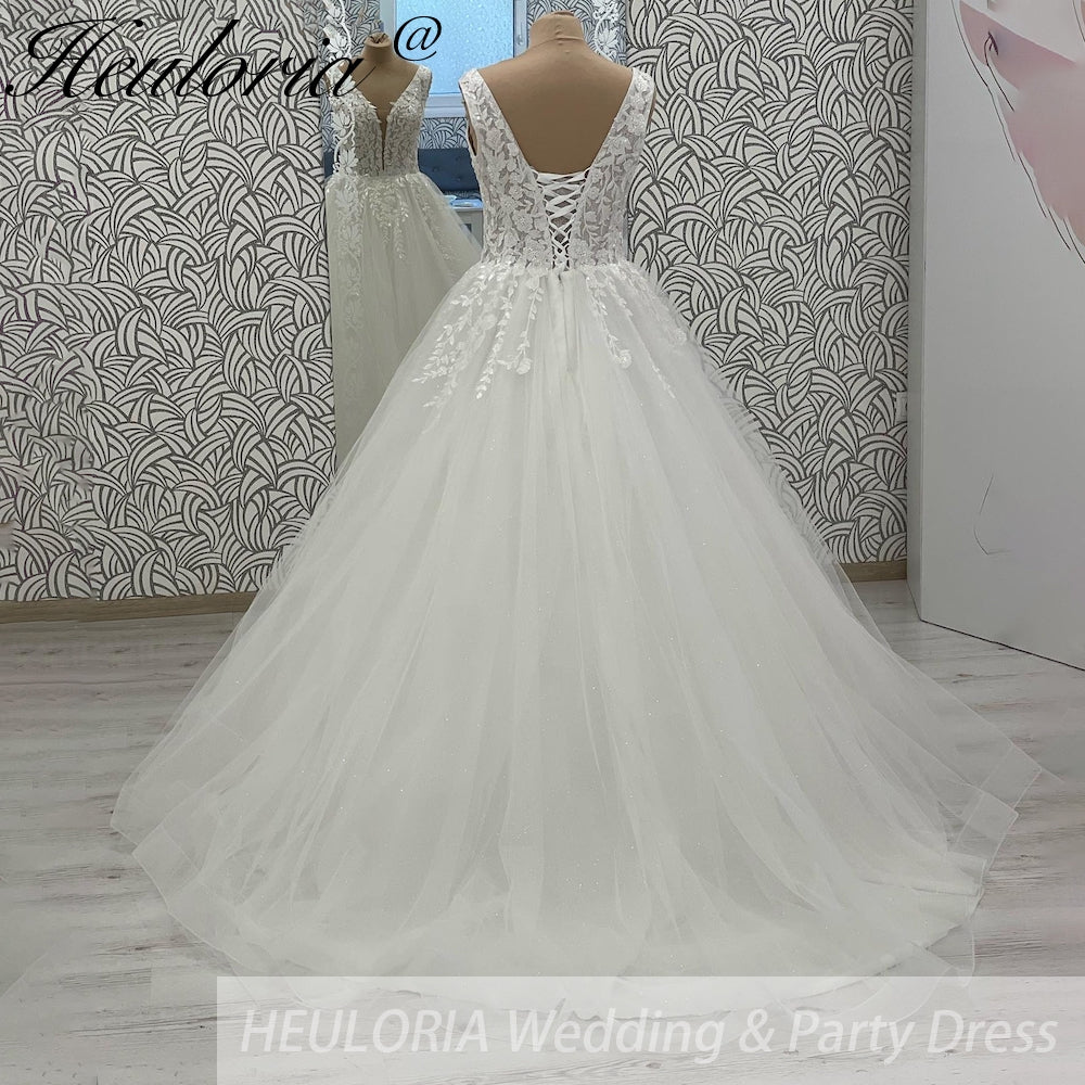 HEULORIA V Neck Sleeveless A lineWedding Dress Boho Lace Appliques Tulle Long Bridal Gowns Backless Vestidos de Novia Customized AL-1032