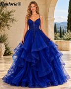 HEULORIA Sparkly Floral Applique Tiered Tulle Ball Gown Prom Dress with Lace-Up Back ED-409