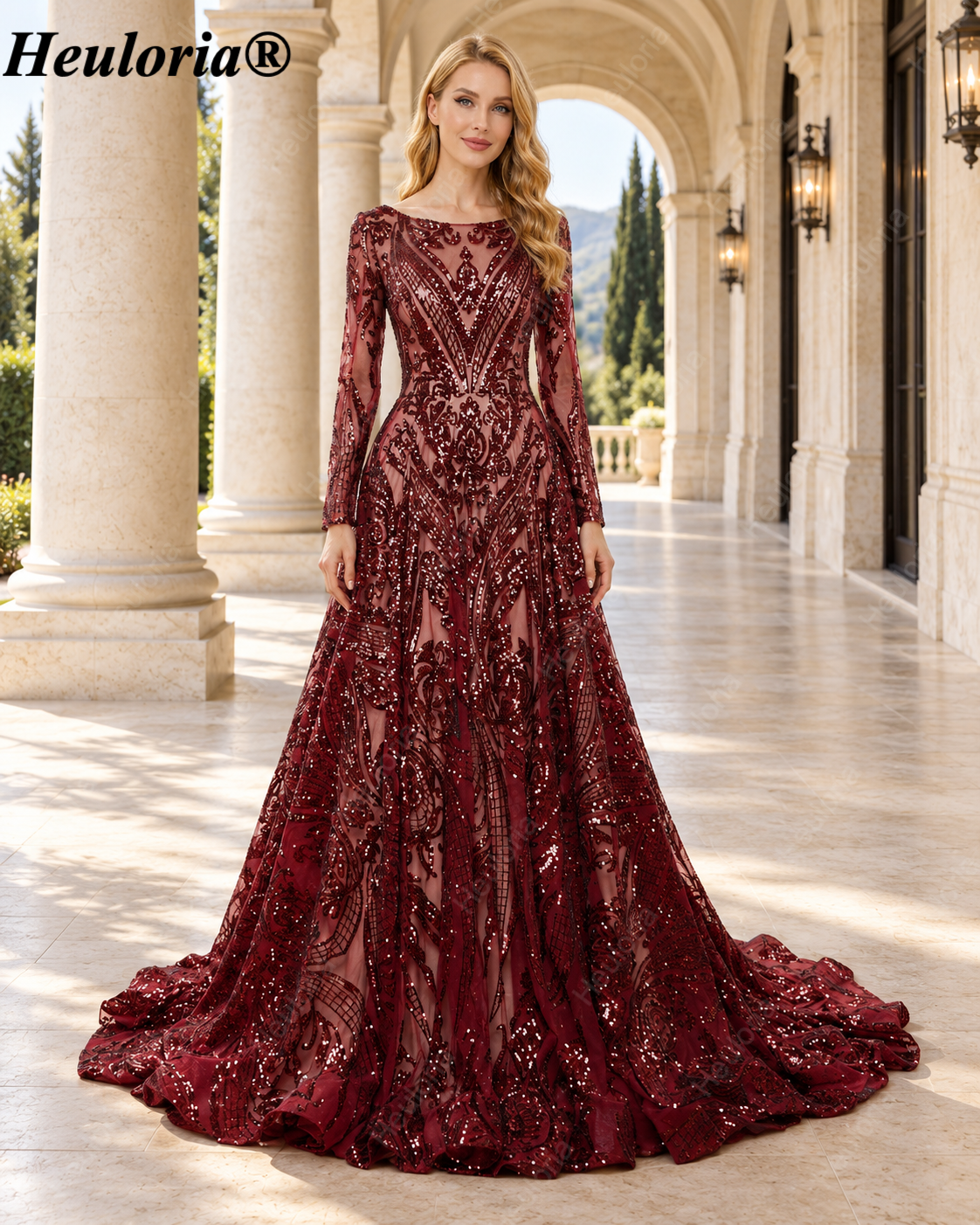 heuloria-Long Sleeve Sequin A-Line Evening Dress with Lace-Up Back and Train-ed-58-1