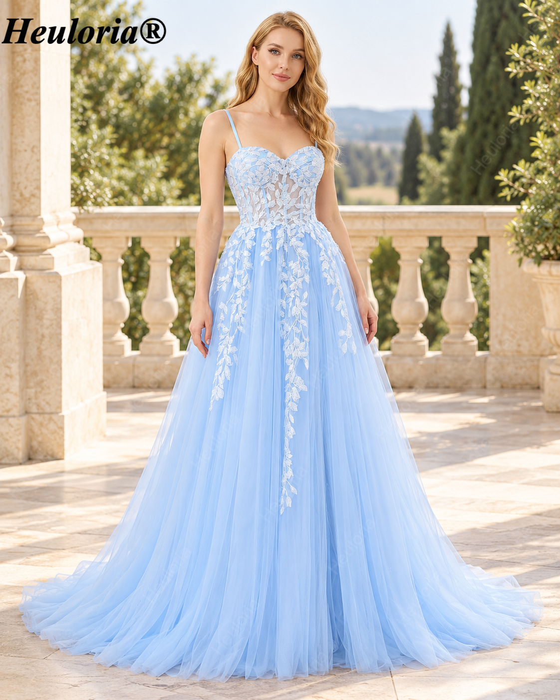 HEULORIA Sky Blue Lace Applique A-Line Tulle Prom Dress with Spaghetti Straps ED-348