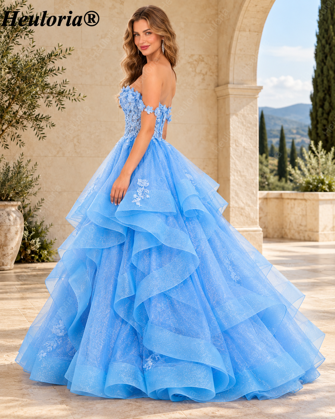 HEULORIA Off-Shoulder Floral Corset Ruffle Tulle Ball Gown Prom Dress ED-390