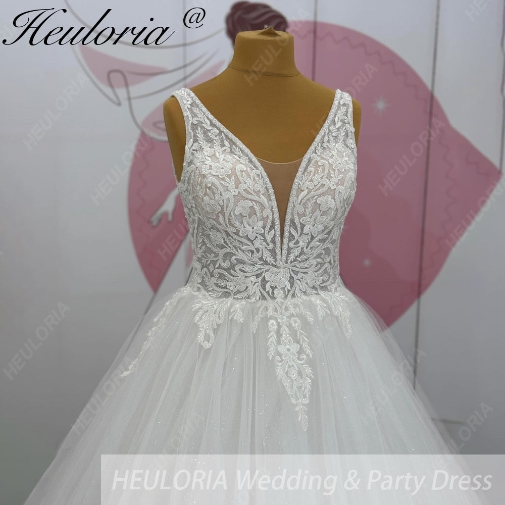 HEULORIA A line Wedding Dress V Neck Sleeveless Boho Lace Appliques Tulle Long Bridal Gowns Backless Vestidos de Novia Customized AL-1022