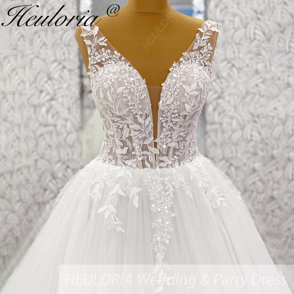 HEULORIA Deep V-Neck Floral Lace A-Line Wedding Dress with Glitter Tulle & Corset Back AL-1036