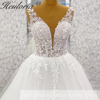 HEULORIA Deep V-Neck Floral Lace A-Line Wedding Dress with Glitter Tulle & Corset Back AL-1036