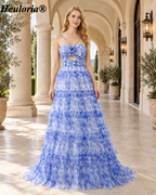 HEULORIA Blue Floral Tiered Tulle A-Line Prom Dress with Cutout Bodice ED-342