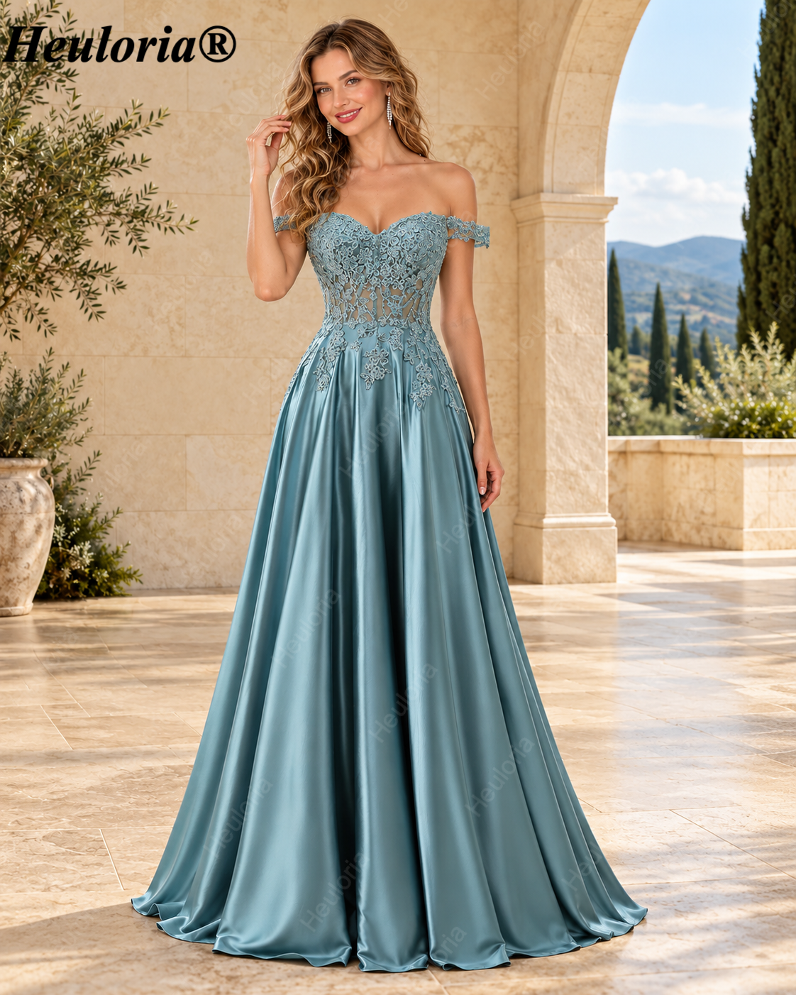 HEULORIA Ethereal Beaded Lace Tulle A-Line Prom Dress with Spaghetti Straps and Illusion Bodice ED-501