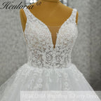 HEULORIA Romantic Floral Lace A-Line Wedding Dress - Deep V-Neck Shimmer Tulle Bridal Gown AL-1094