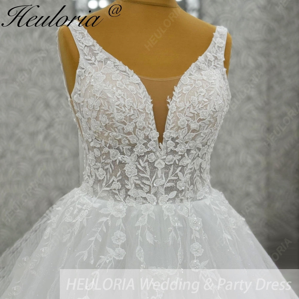 HEULORIA Romantic Floral Lace A-Line Wedding Dress - Deep V-Neck Shimmer Tulle Bridal Gown AL-1094