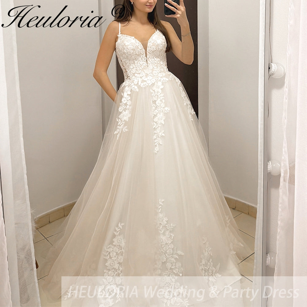HEULORIA  elegant A line wedding dress Spaghetti Strap lace applique bridal dress Robe De Mariee Wedding Bride Dress AL-968