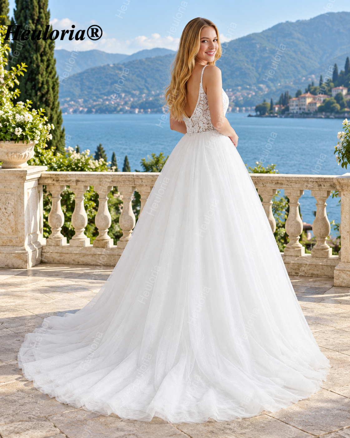 Deep V 3D Floral Glitter A-Line Wedding Dress with Beaded Straps AL-1064 Imagen secundaria del producto
