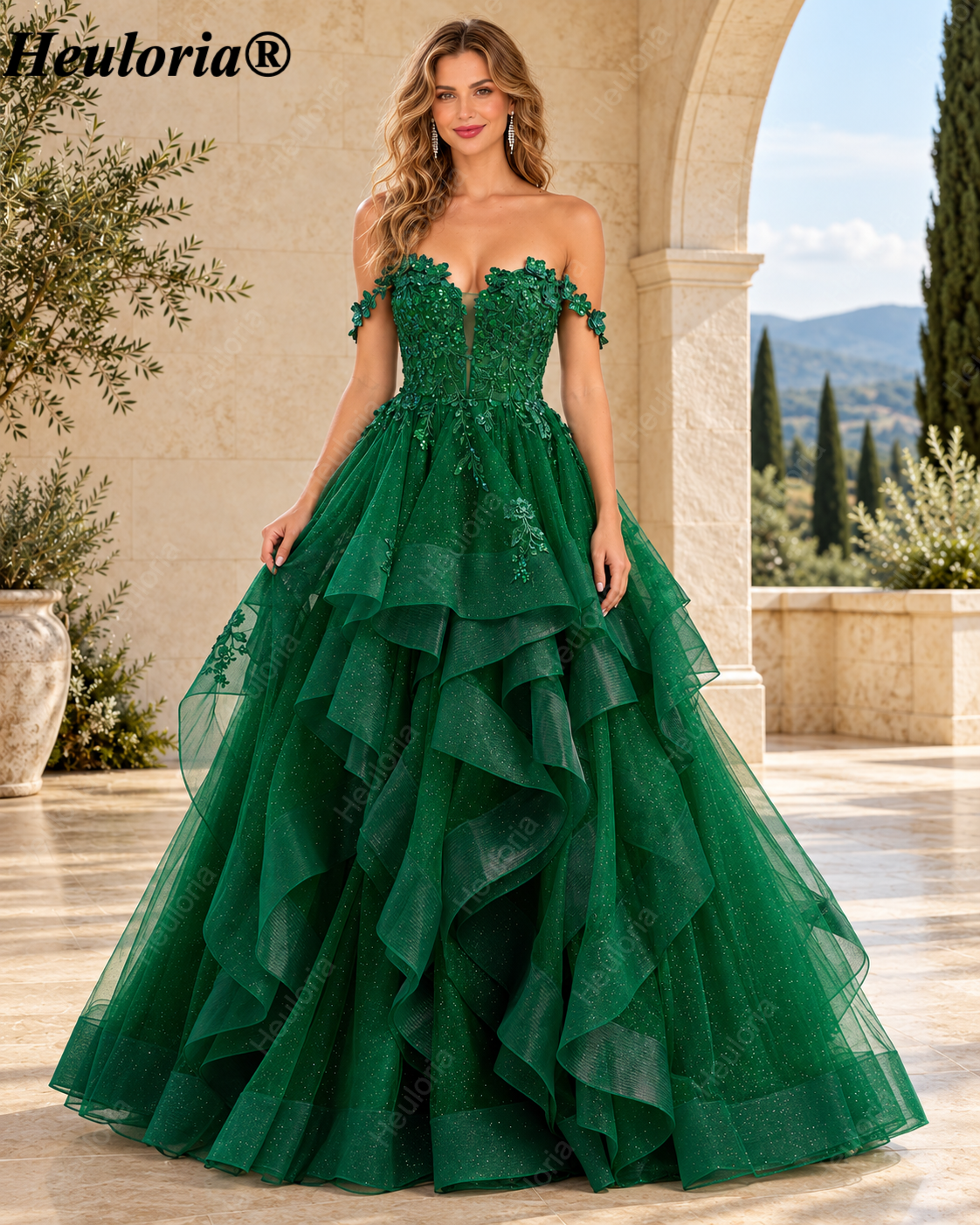HEULORIA Off-Shoulder Floral Corset Ruffle Tulle Ball Gown Prom Dress ED-390