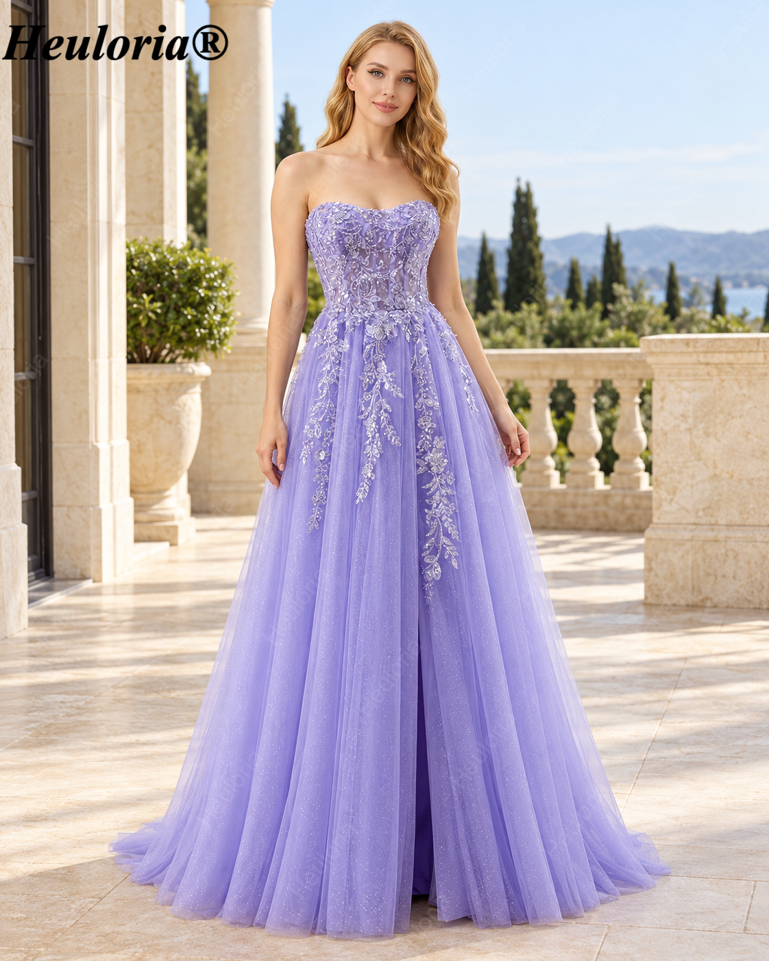 HEULORIA Strapless Beaded Floral A-Line Tulle Prom Dress with Slit ED-354 Secondary image