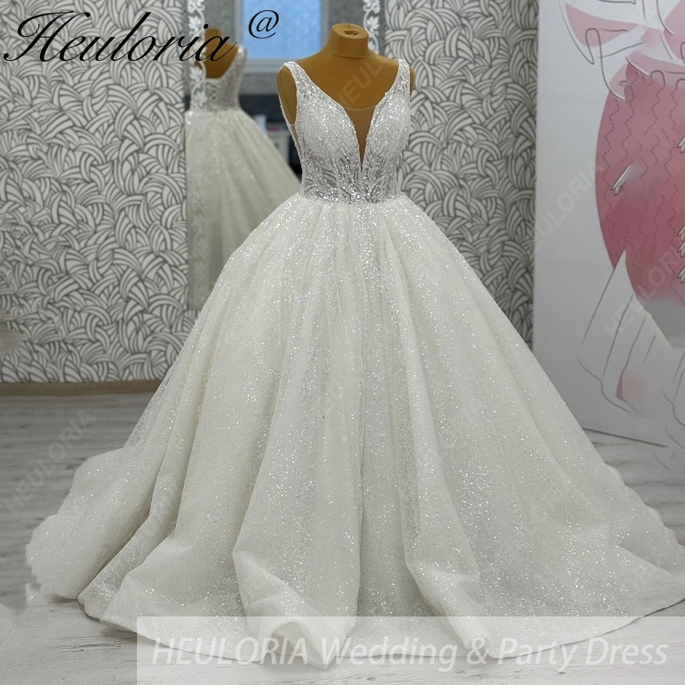 Heuloria Shimmering Deep V-Neck Glitter Ball Gown Wedding Dress - Sequined Lace Illusion Bodice) BA-1019