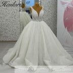 Heuloria Shimmering Deep V-Neck Glitter Ball Gown Wedding Dress - Sequined Lace Illusion Bodice) BA-1019