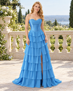 HEULORIA Pale Yellow Strapless Sweetheart Corset Tiered Chiffon A-Line Prom Dress ED-236