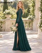 HEULORIA Dark Green Illusion Bateau Neck Chiffon A-Line Bridesmaid Dress with Bishop Sleeves & Slit ED-255