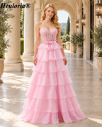 heuloria Strapless Lace Tiered Ruffle Prom Dress with Bow Waist ed-514