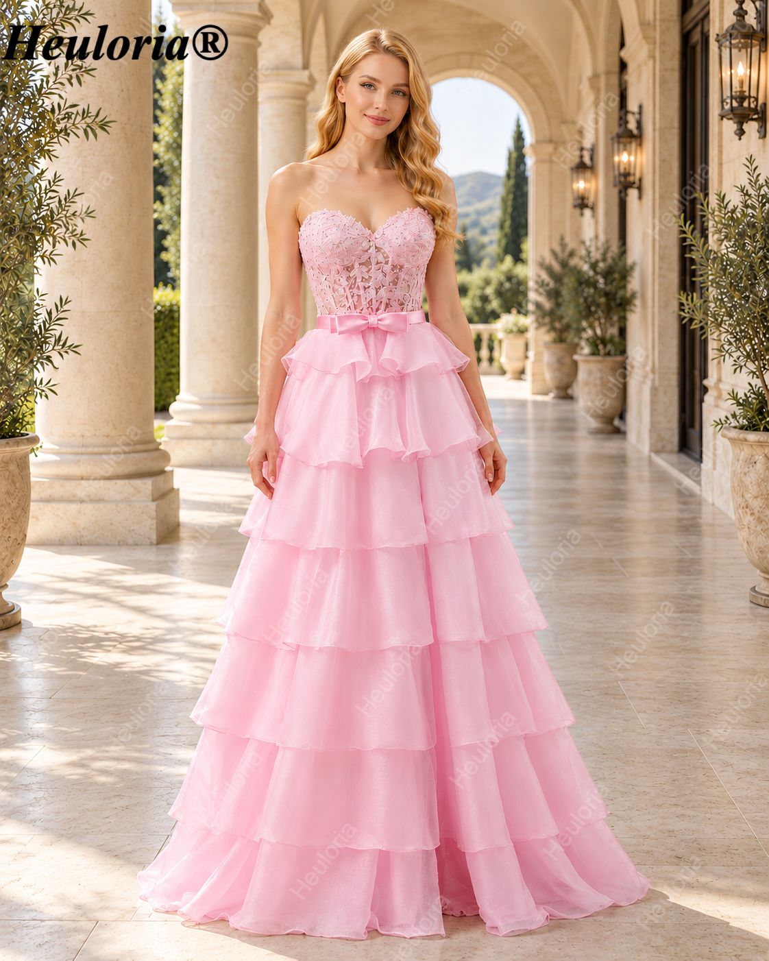heuloria Strapless Lace Tiered Ruffle Prom Dress with Bow Waist ed-514