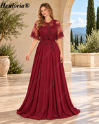 heuloria-Lace Applique Chiffon A-Line Mother of the Bride Dress with Cape-ed-378