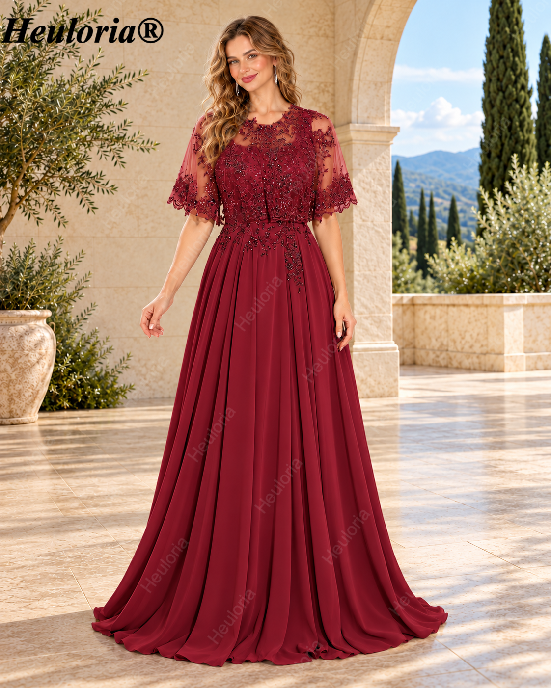 heuloria-Lace Applique Chiffon A-Line Mother of the Bride Dress with Cape-ed-378