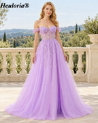 HEULORIA Lilac Off-the-Shoulder A-Line Prom Dress with Floral Appliqué Corset Bodice – ED-338