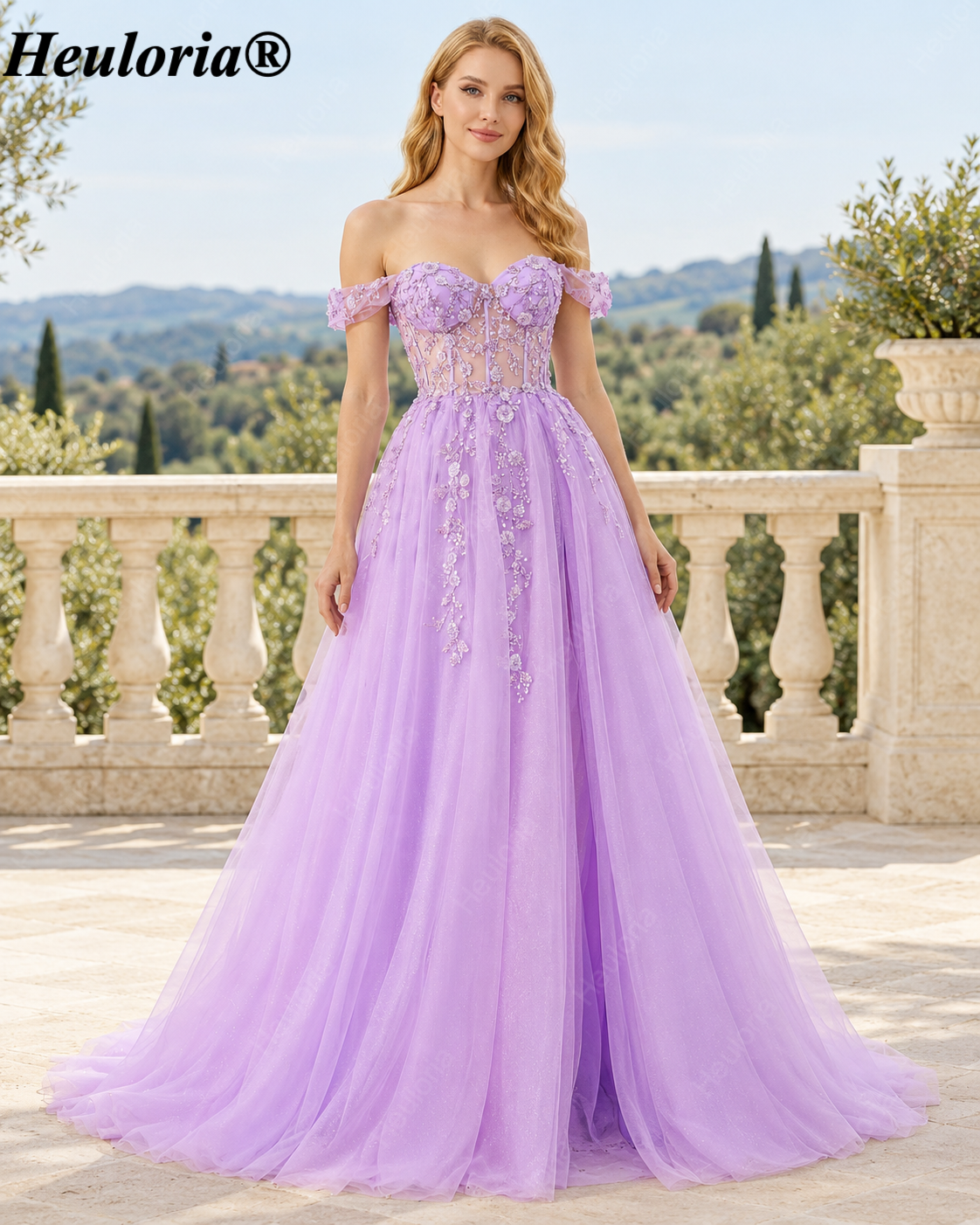 HEULORIA Lilac Off-the-Shoulder A-Line Prom Dress with Floral Appliqué Corset Bodice – ED-338