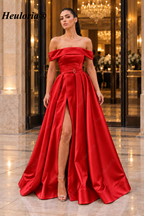HEULORIA Blush Pink Off-the-Shoulder Belted Satin A-Line Evening Dress with High Slit – ED-25