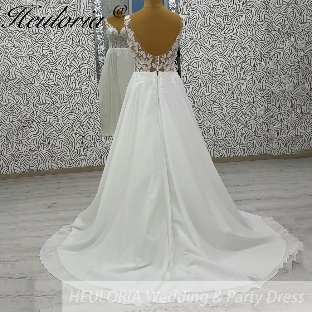 HEULORIA  elegant A line wedding dress Spaghetti Strap crepe lace chiffon bridal dress Robe De Mariee Wedding Bride Dress AL-1033