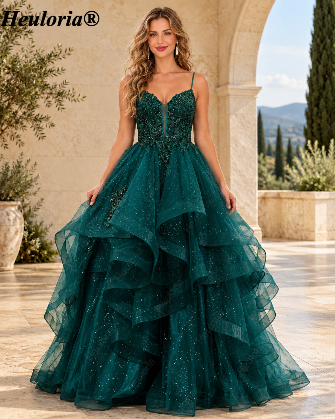 HEULORIA Sparkly Floral Applique Tiered Tulle Ball Gown Prom Dress with Lace-Up Back ED-409