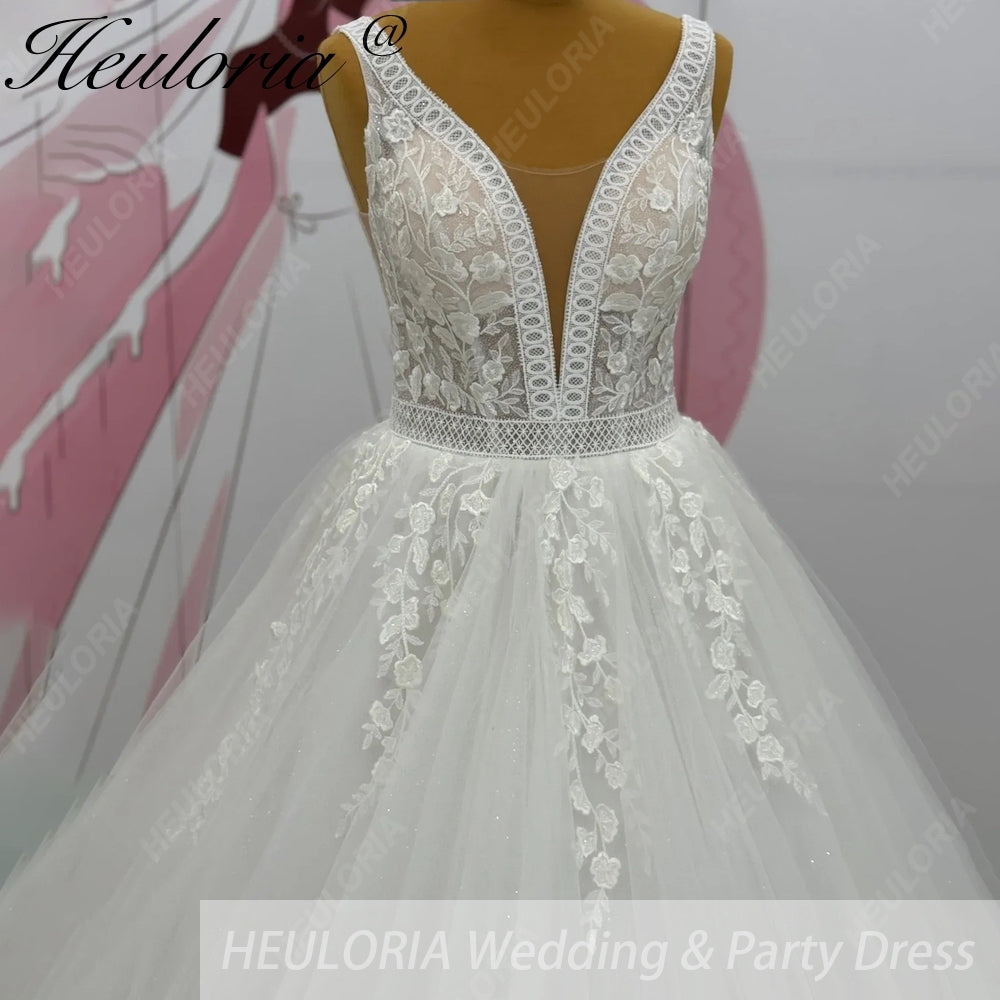 HEULORIA V Neck Sleeveless A line Wedding Dress Boho Lace Appliques Tulle Long Bridal Gowns Backless Vestidos de Novia Customized AL-1007