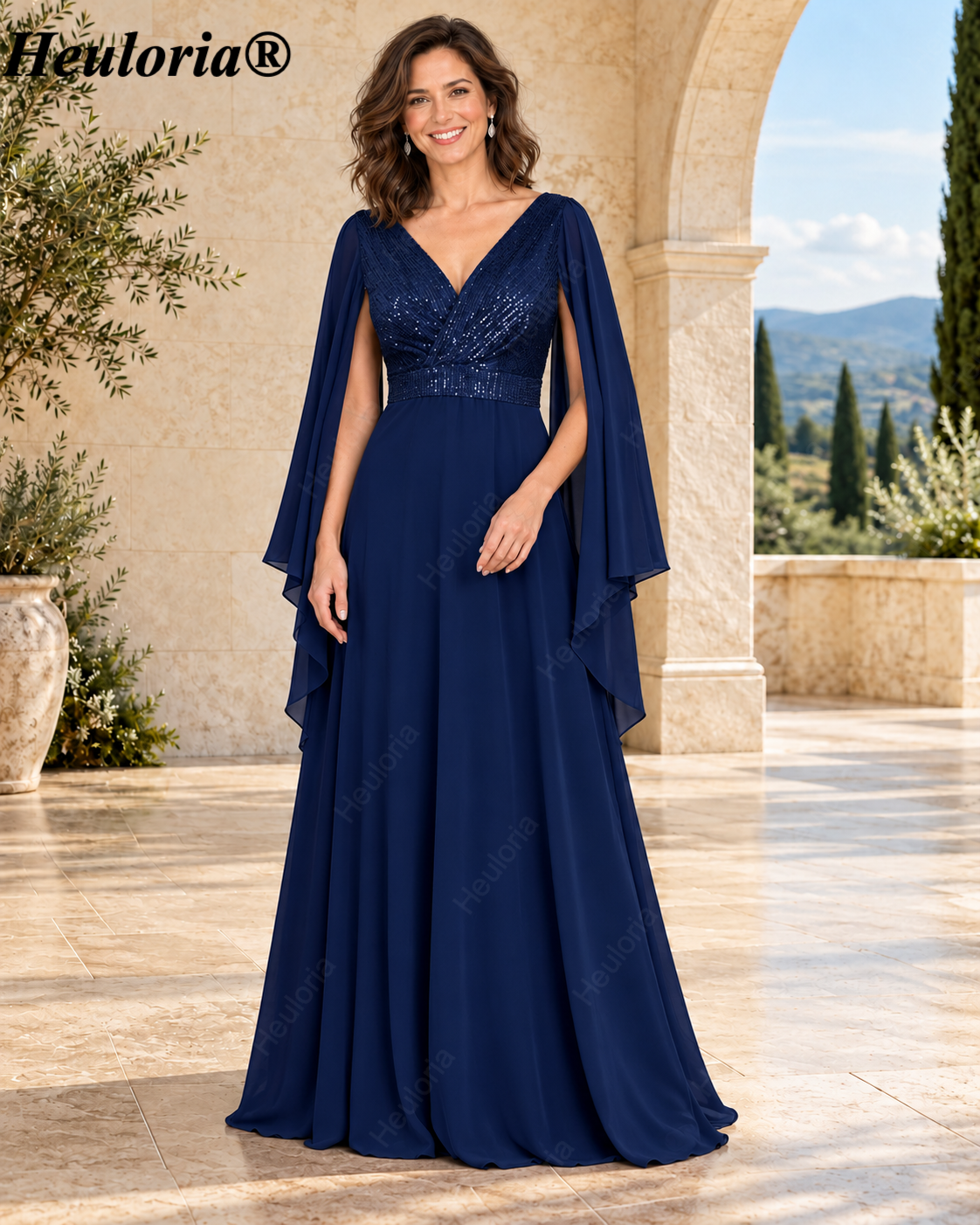 heuloria-V-Neck Sequin Chiffon A-Line Evening Dress with Cape Sleeves-ed-379