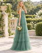 HEULORIA Dusty Sage Square Neck Tiered Tulle A-Line Prom Dress with Ruffle Straps and Corset Back ED-226