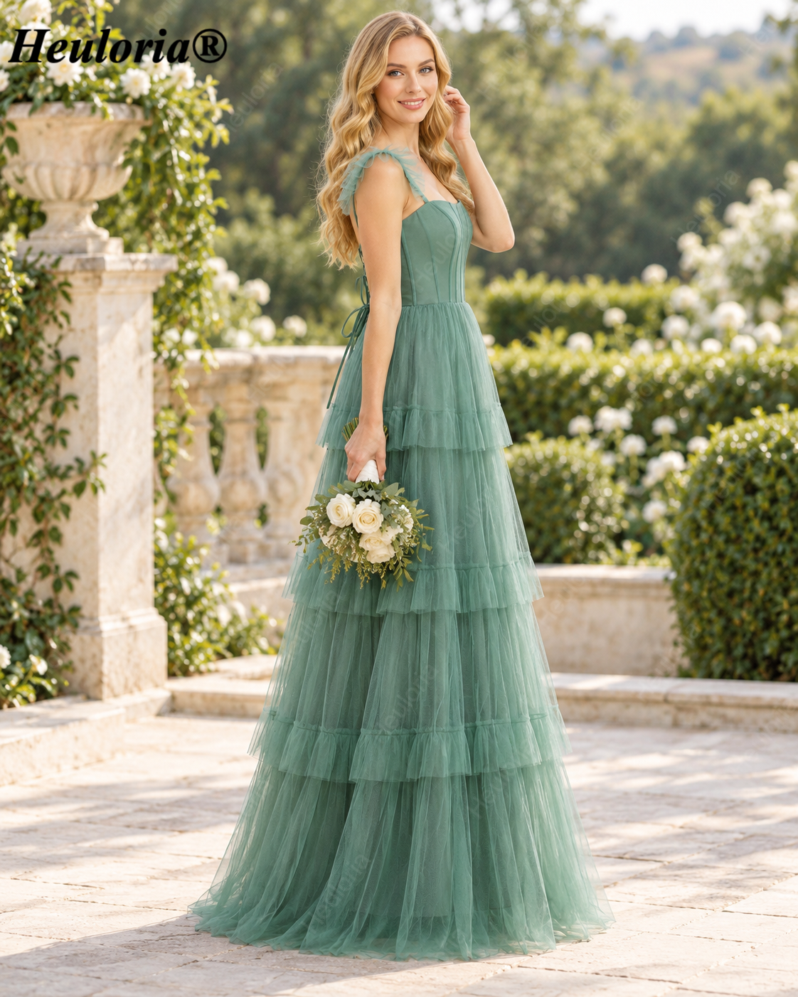 HEULORIA Dusty Sage Square Neck Tiered Tulle A-Line Prom Dress with Ruffle Straps and Corset Back ED-226