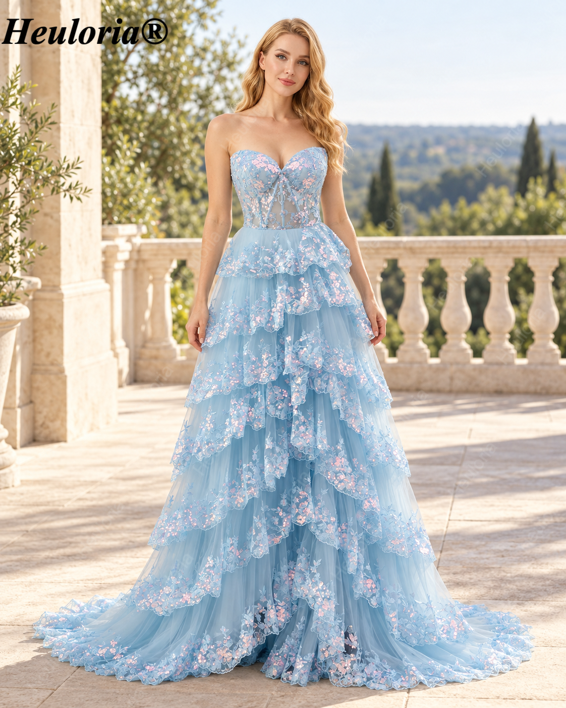 HEULORIA Strapless Sweetheart Floral Tiered Tulle Prom Dress ED-573