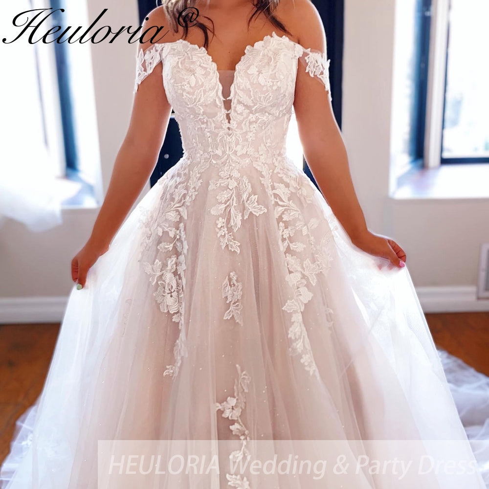 HEULORIA Illusion Off The Shoulder A-Line Wedding Dresses Appliques Lace Country Bridal Gowns Robe De Mariée Customized AL-QK276