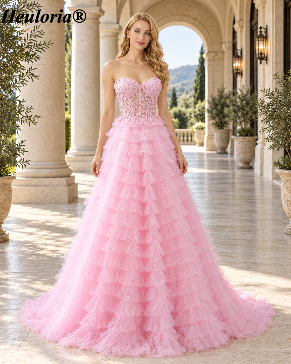 HEULORIA Pink Sweetheart Lace Corset Tiered Tulle Ball Gown Prom Dress – ED-355