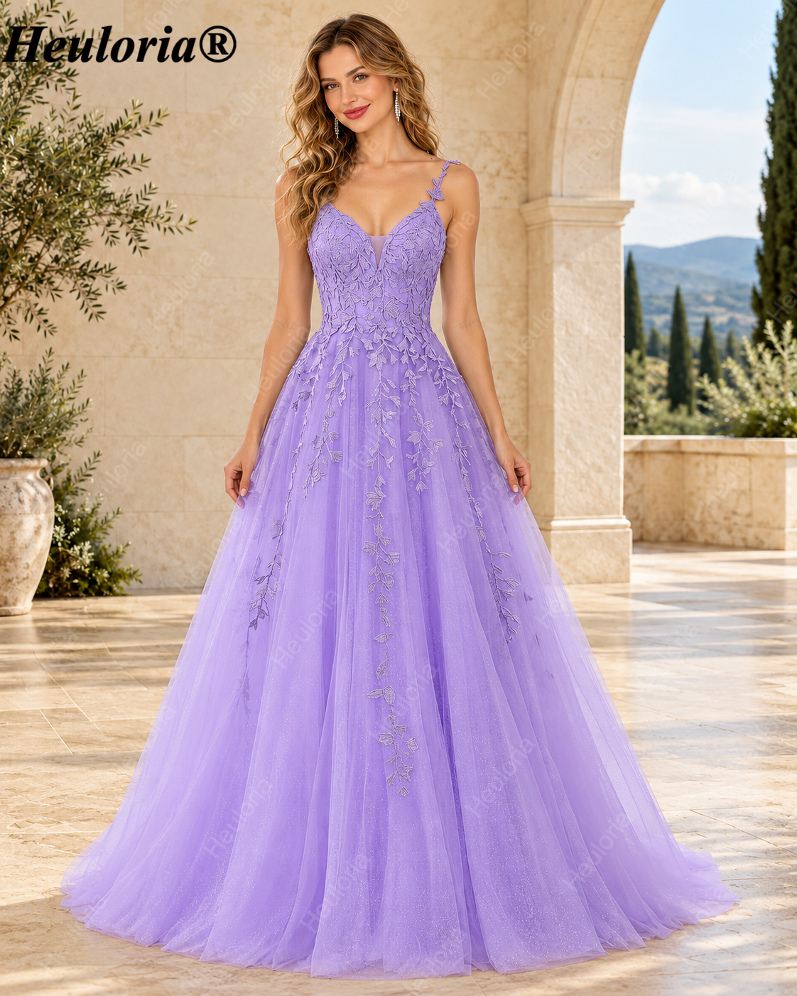 HEULORIA Lavender Floral Appliqué Tulle A-Line Prom Dress with Deep V-Neck and Corset Back – ED-372