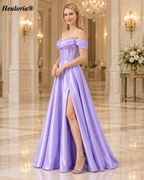 HEULORIA Emerald Green Satin Off Shoulder Prom Dress with Beaded Corset Bodice and High Slit ED-586