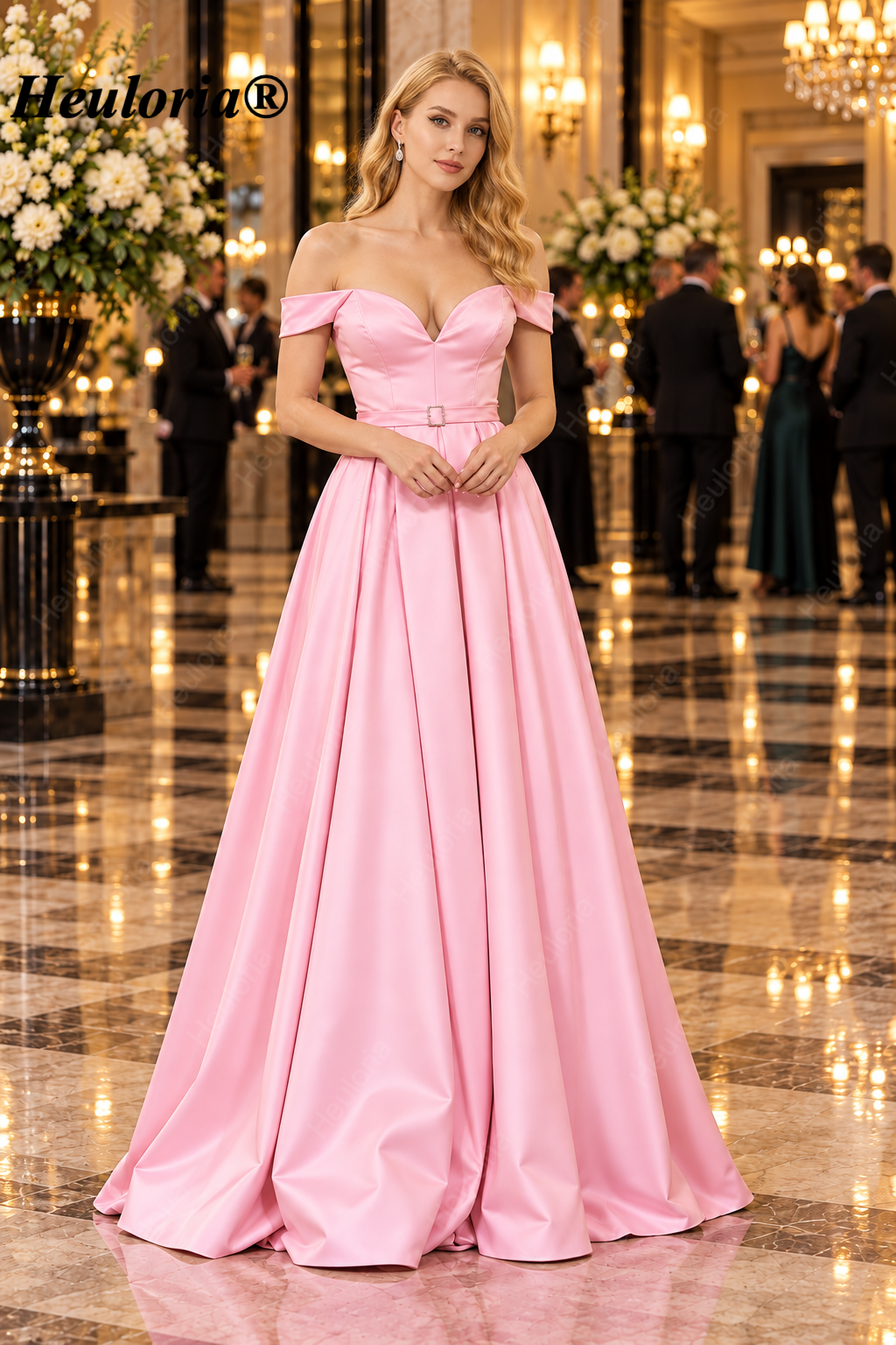 HEULORIA Champagne Off-Shoulder Pleated Satin Ball Gown Prom Dress with High Slit – ED-26 Imagen principal del producto