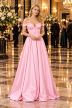 HEULORIA Champagne Off-Shoulder Pleated Satin Ball Gown Prom Dress with High Slit – ED-26