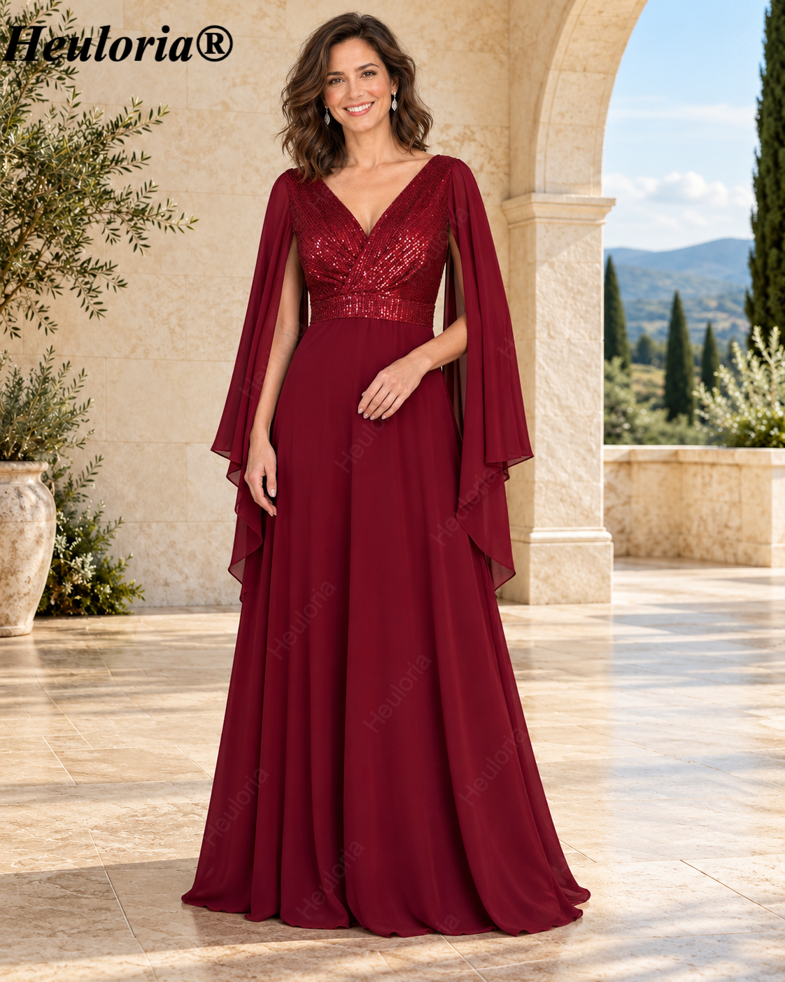 heuloria-V-Neck Sequin Chiffon A-Line Evening Dress with Cape Sleeves-ed-379