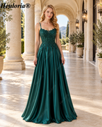 HEULORIA Emerald Green Lace Satin A-Line Prom Dress with Lace-Up Back ED-359