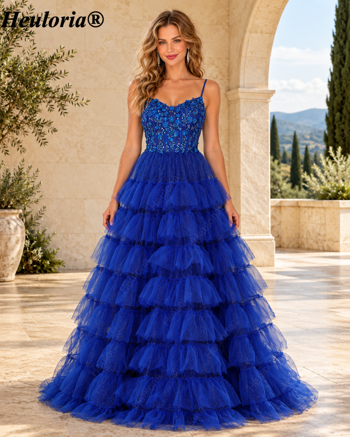 HEULORIA Royal Blue Beaded Tiered Tulle Ball Gown Prom Dress with Lace-Up Back – ED-223 Imagen principal del producto