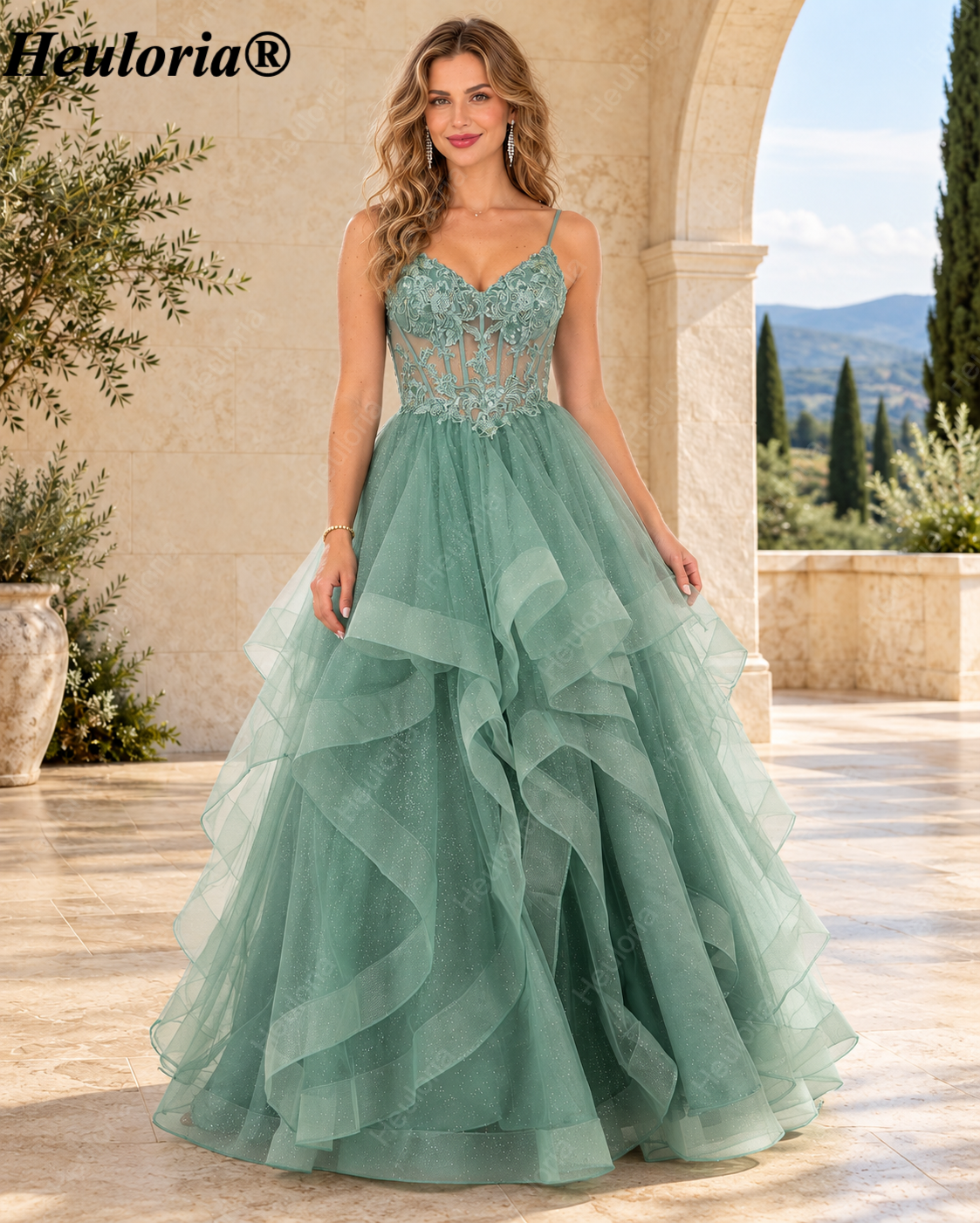HEULORIA Glitter Tulle A-Line Prom Dress with Beaded Illusion Corset and Tiered Ruffles ED-402