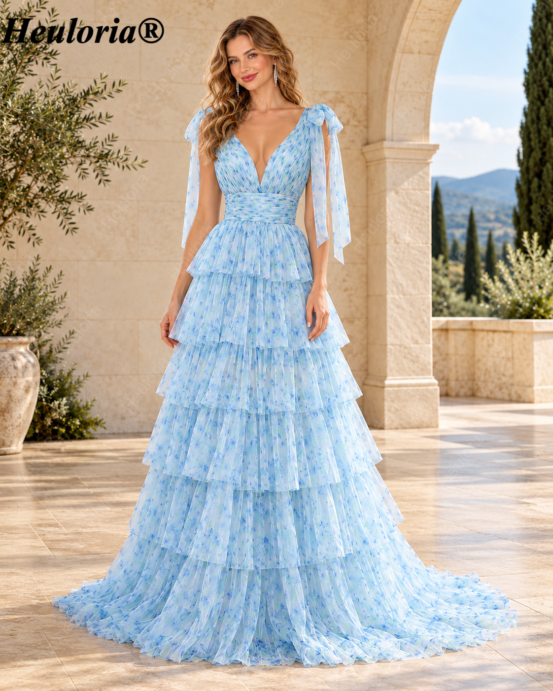 HEULORIA Light Blue Floral Print Tiered Chiffon A-Line Evening Dress with Tie-Shoulder Bows ED-580 Main image