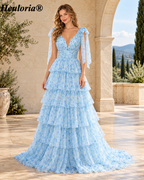 HEULORIA Light Blue Floral Print Tiered Chiffon A-Line Evening Dress with Tie-Shoulder Bows ED-580