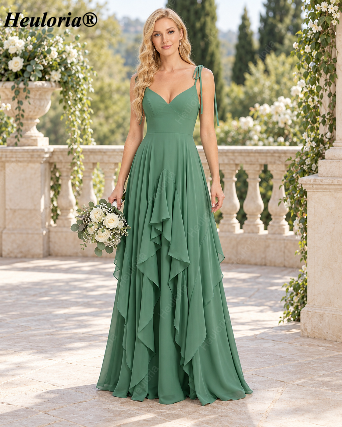HEULORIA Matcha Green Tie-Strap Ruffle Chiffon A-Line Bridesmaid Dress ED-252 Immagine principale del prodotto