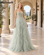 heuloria Dusty Green Floral Corset Tulle Prom Dress with Cascading Ruffles ed-518