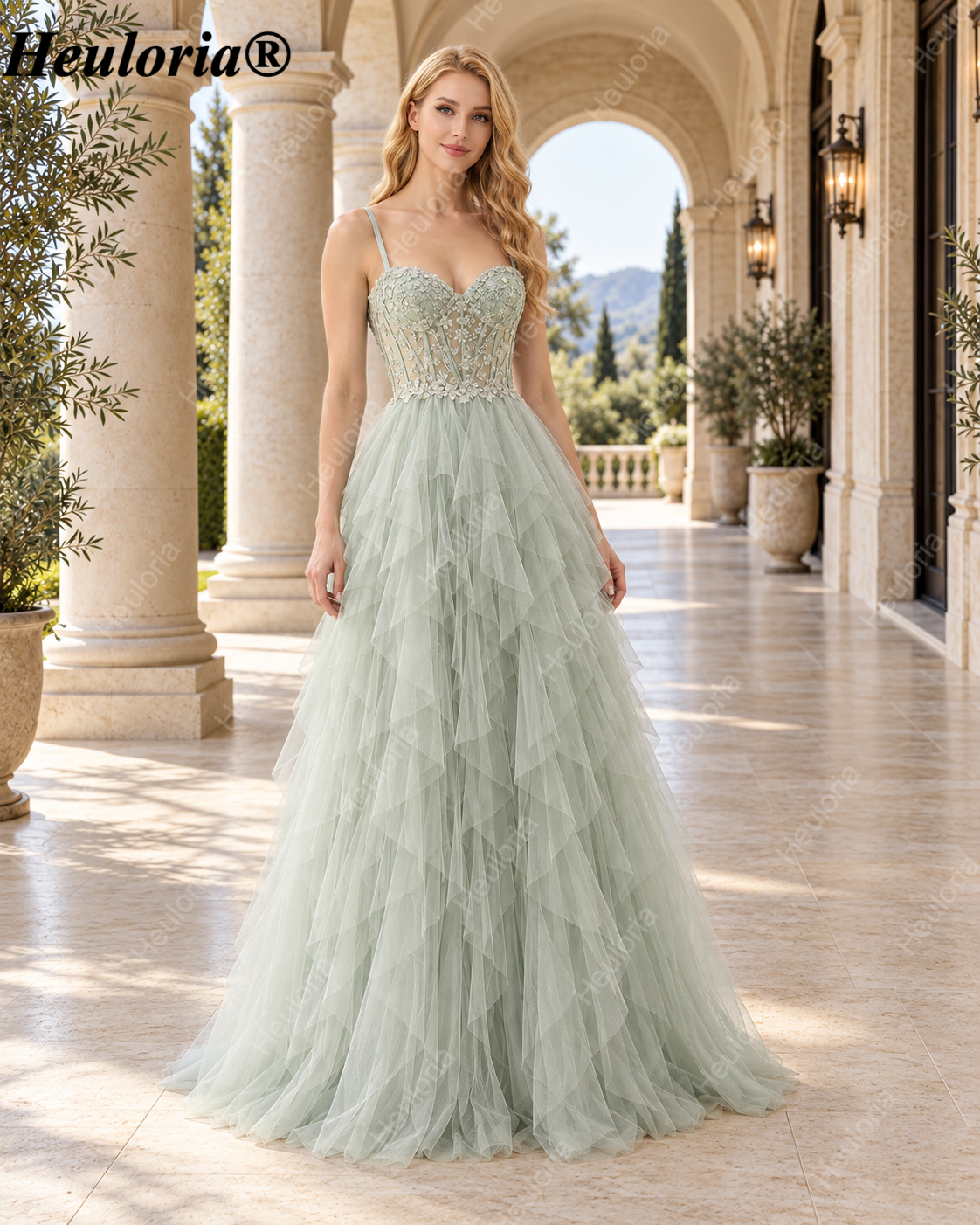 heuloria Dusty Green Floral Corset Tulle Prom Dress with Cascading Ruffles ed-518